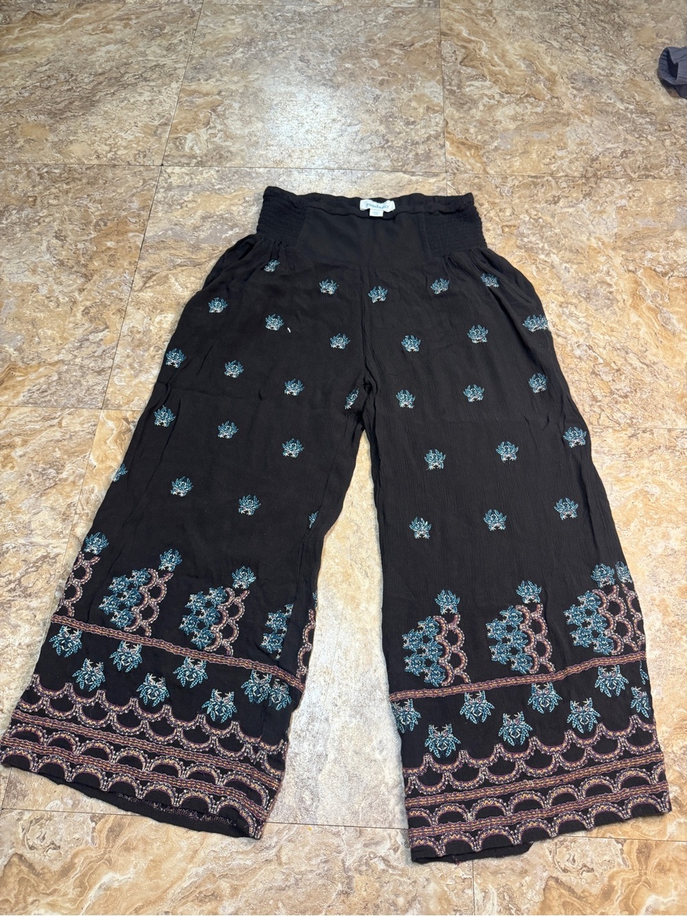 Sundance Black Wide-Leg Pants with Teal & Rose Embroidery